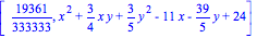 [19361/333333, x^2+3/4*x*y+3/5*y^2-11*x-39/5*y+24]